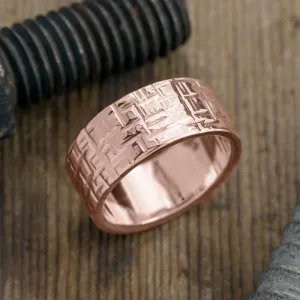 10mm 14k Rose Gold Mens Wedding Band, Textured Polished