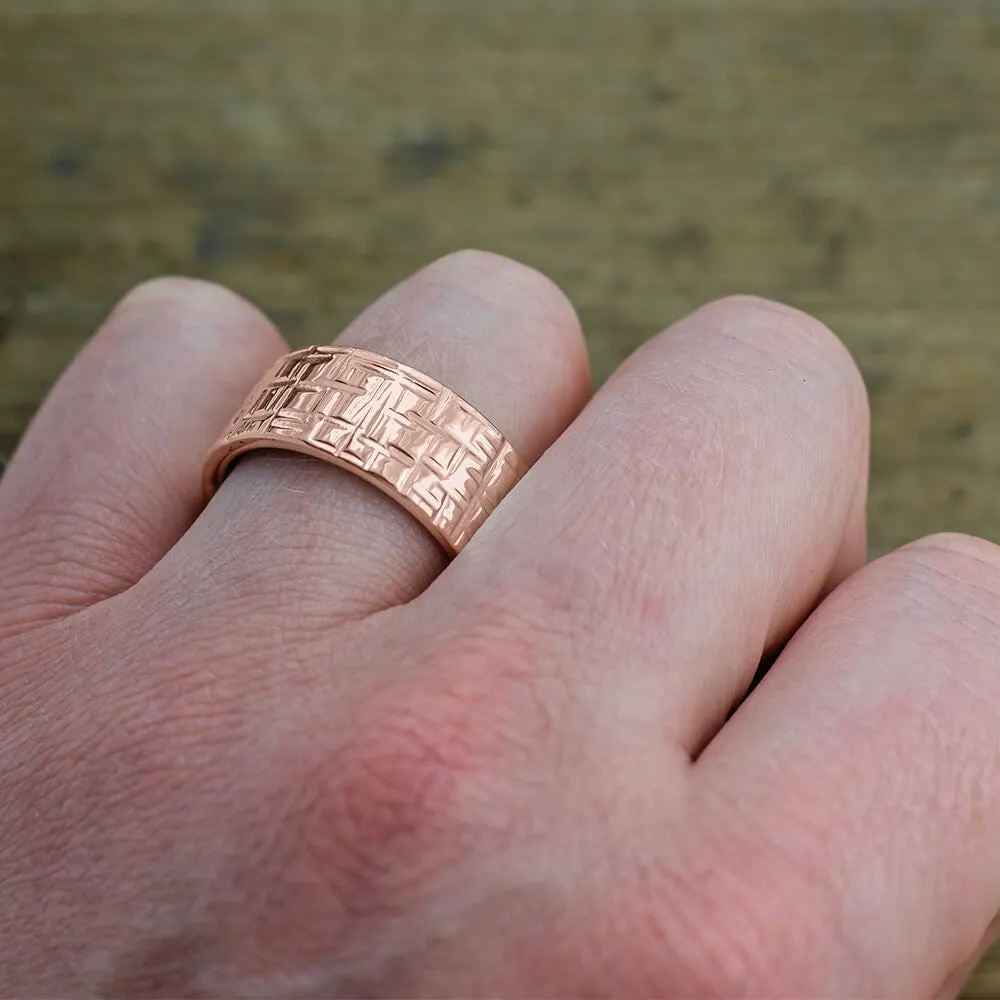 10mm 14k Rose Gold Mens Wedding Band, Textured Polished