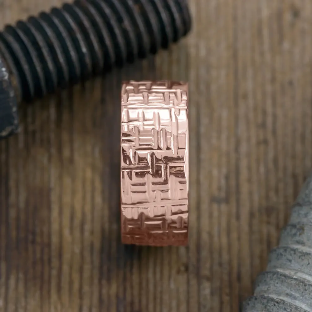 10mm 14k Rose Gold Mens Wedding Band, Textured Polished