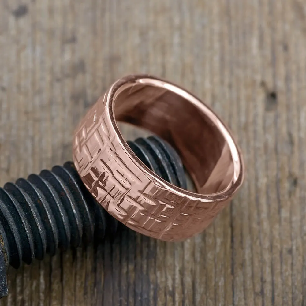 10mm 14k Rose Gold Mens Wedding Band, Textured Polished