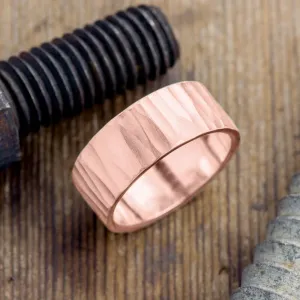 10mm 14k Rose Gold Mens Wedding Band, Wood Grain Matte