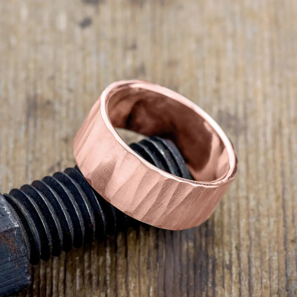 10mm 14k Rose Gold Mens Wedding Band, Wood Grain Matte