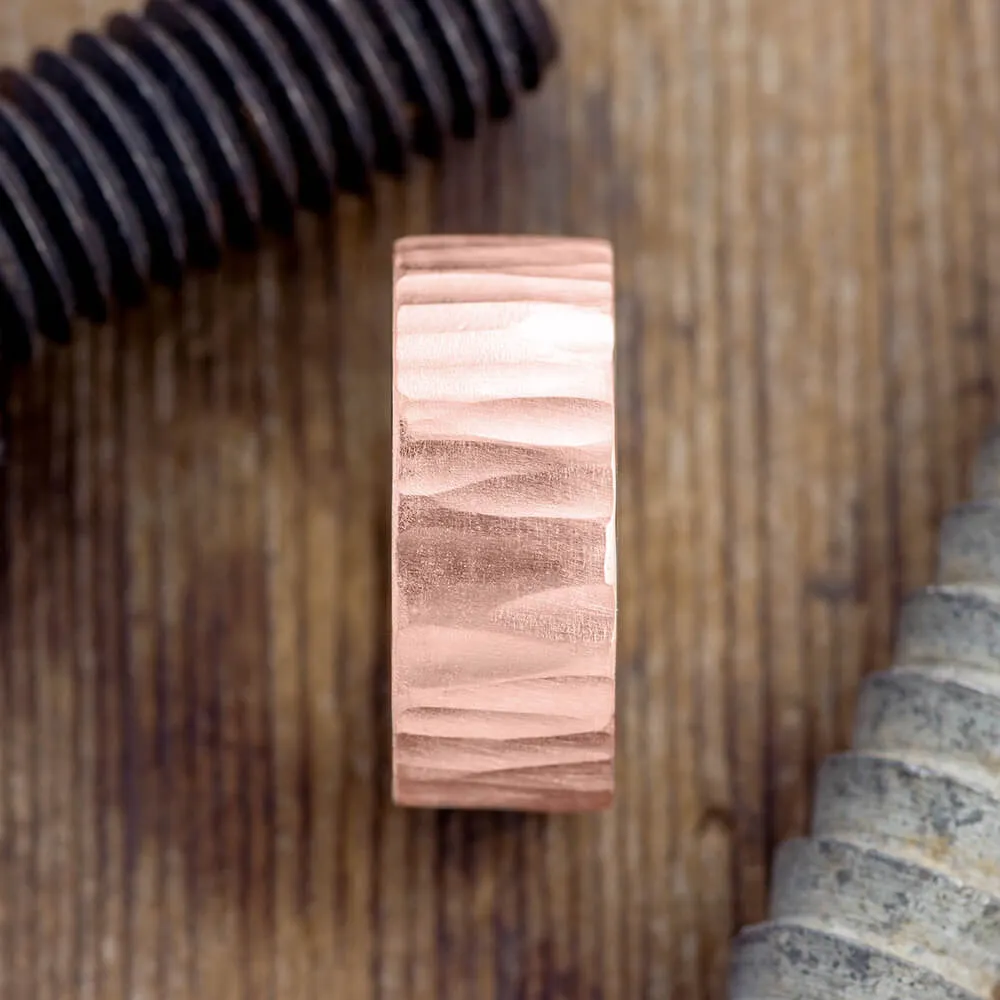 10mm 14k Rose Gold Mens Wedding Band, Wood Grain Matte