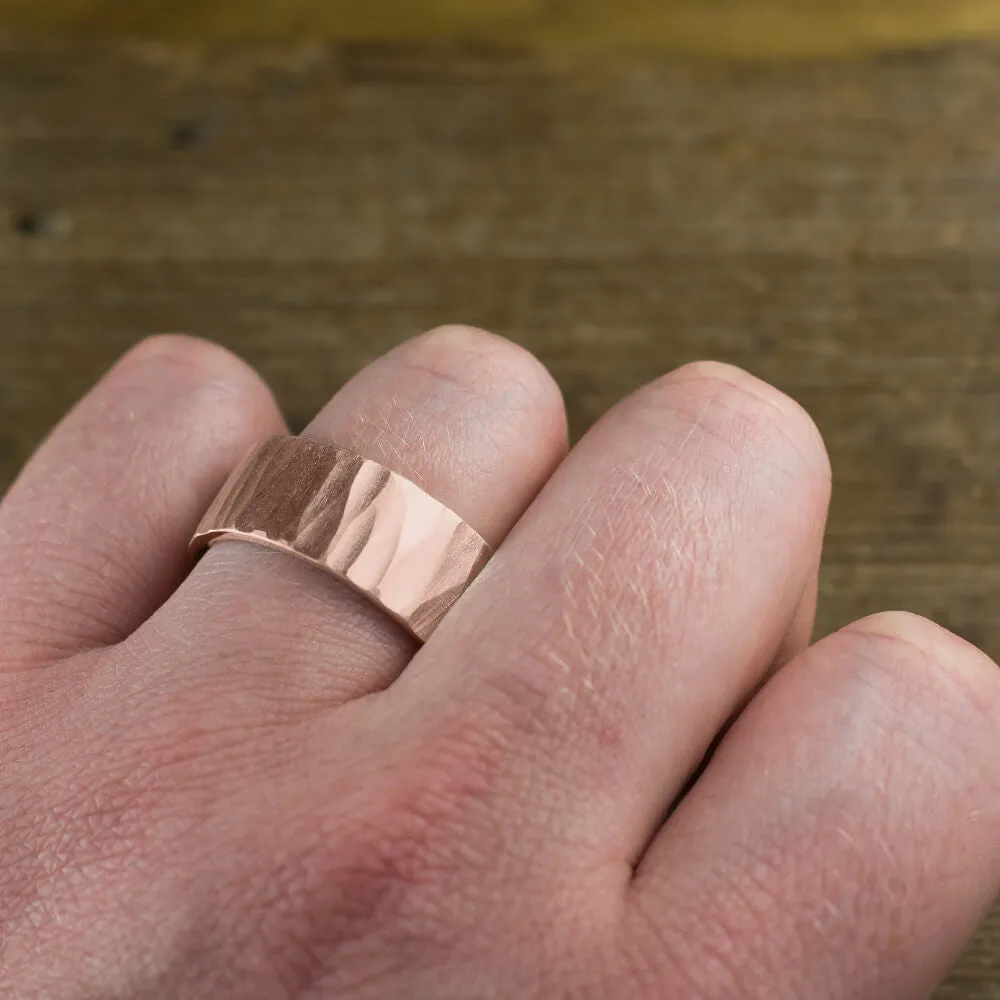 10mm 14k Rose Gold Mens Wedding Band, Wood Grain Matte