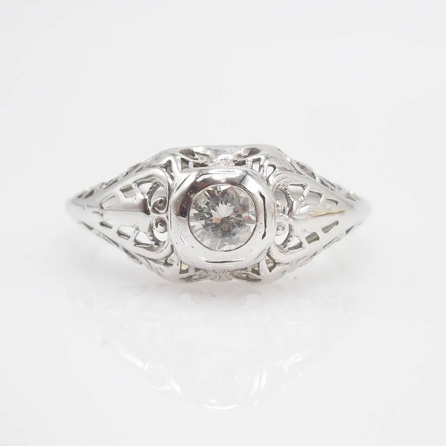 14K White Gold Art Deco Filigree Diamond Engagement Ring
