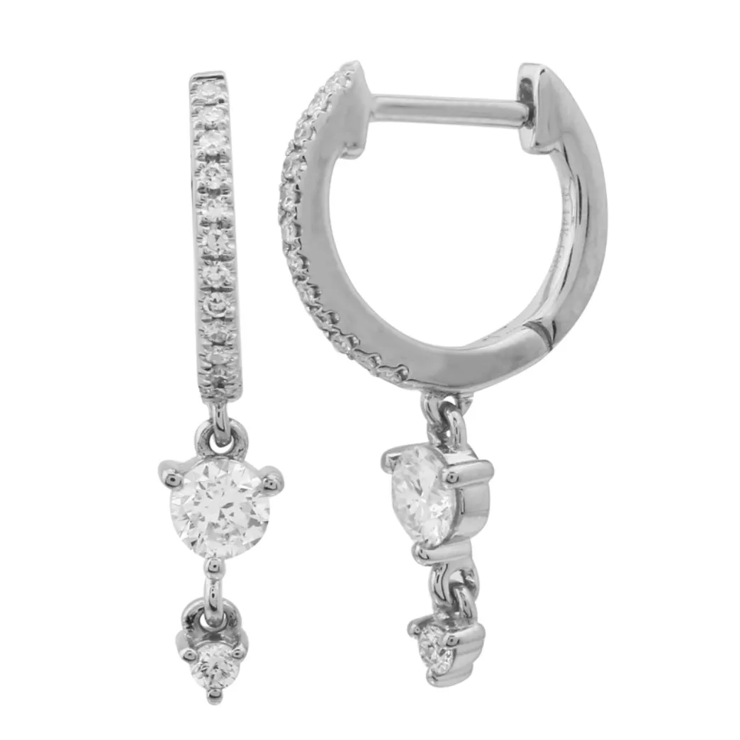 14KT Gold Two Dangling Diamond Huggie Earrings