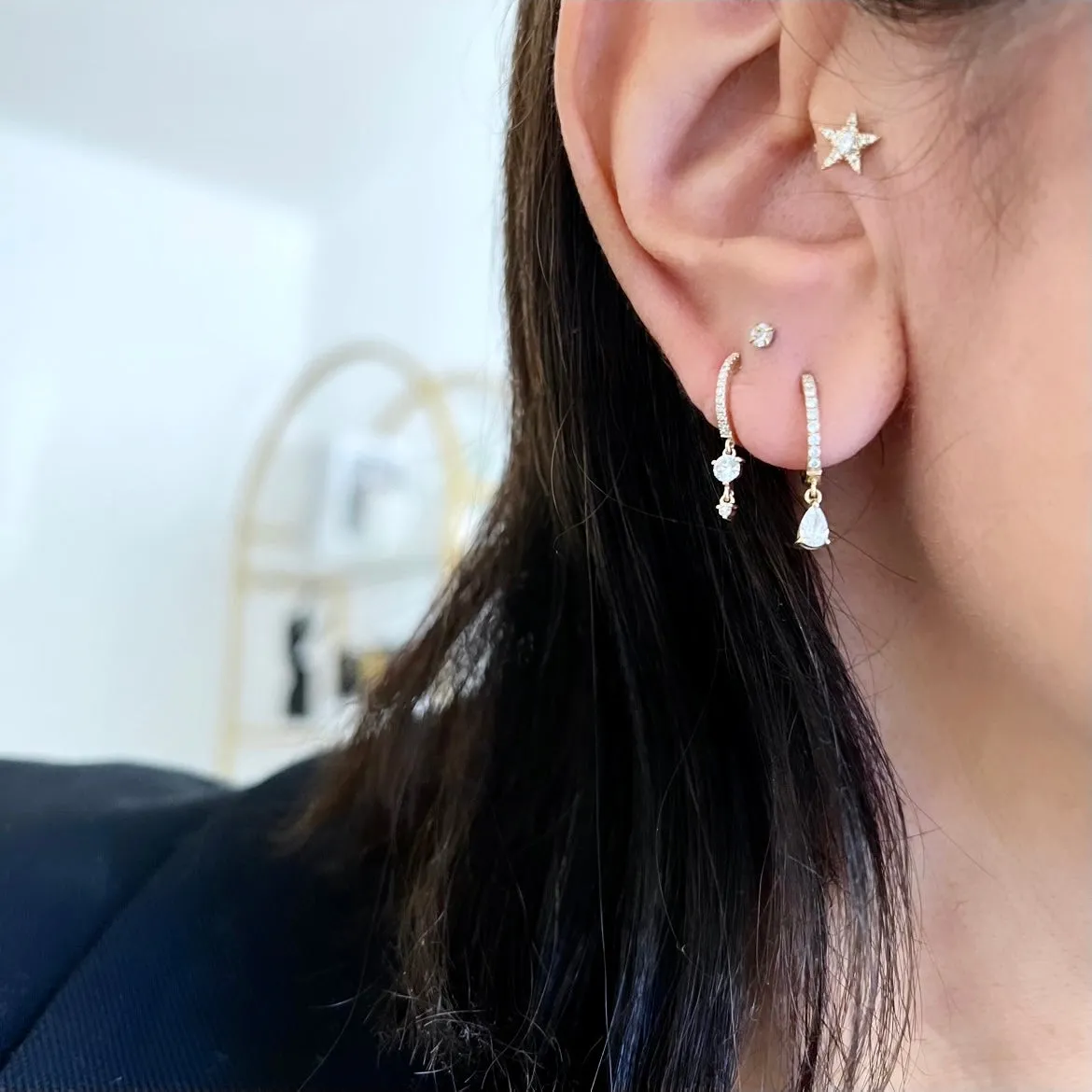 14KT Gold Two Dangling Diamond Huggie Earrings