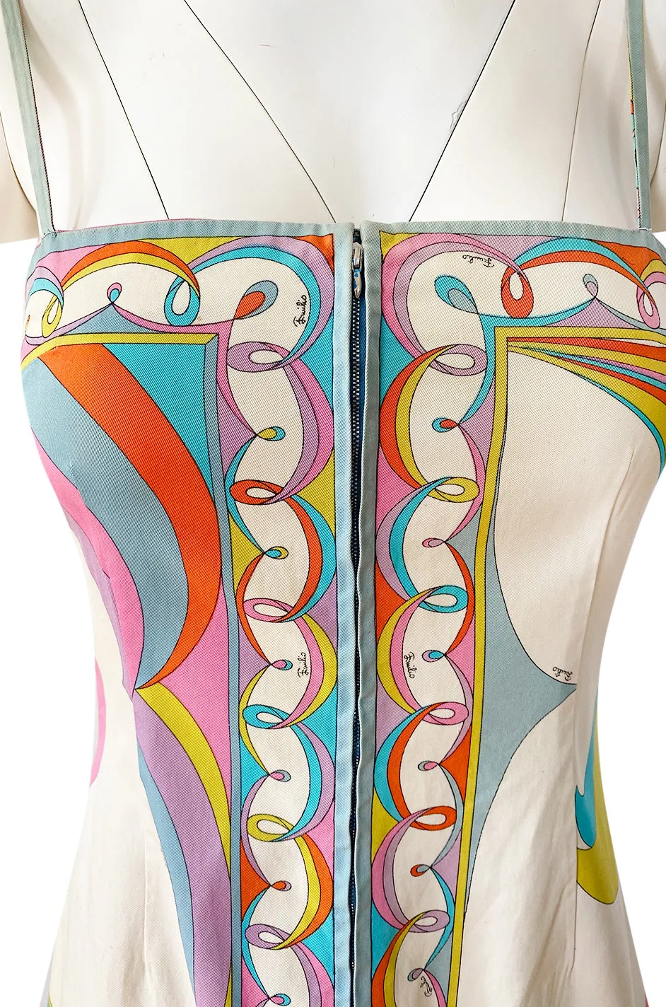 1960s Emilio Pucci Curving Pattern Pastel Printed Crisp Cotton Sun Dress