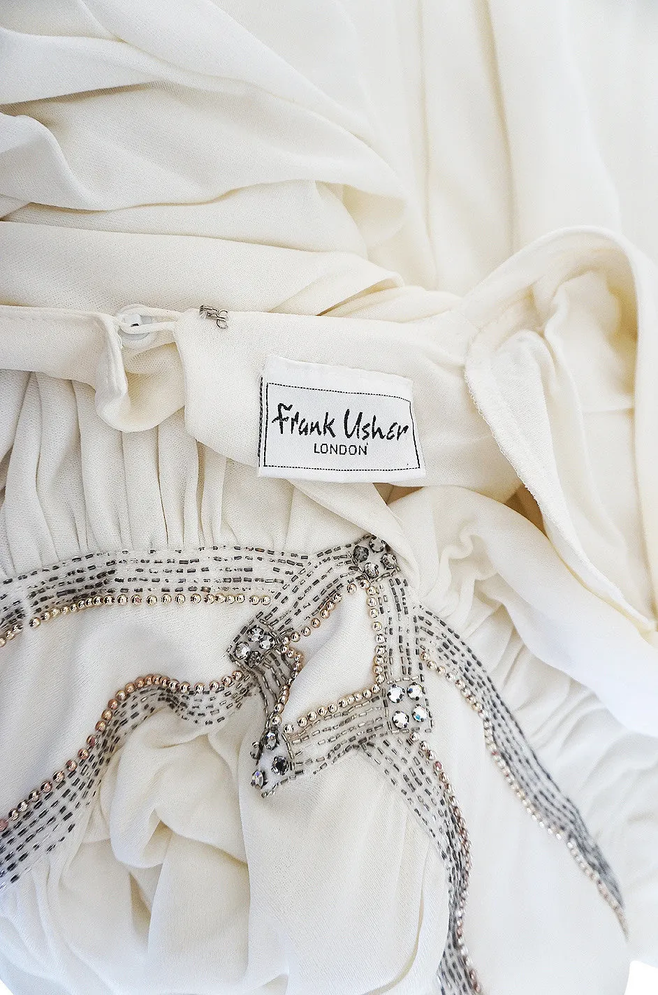 1970s Frank Usher Grecian Draped Beaded Jersey Dress