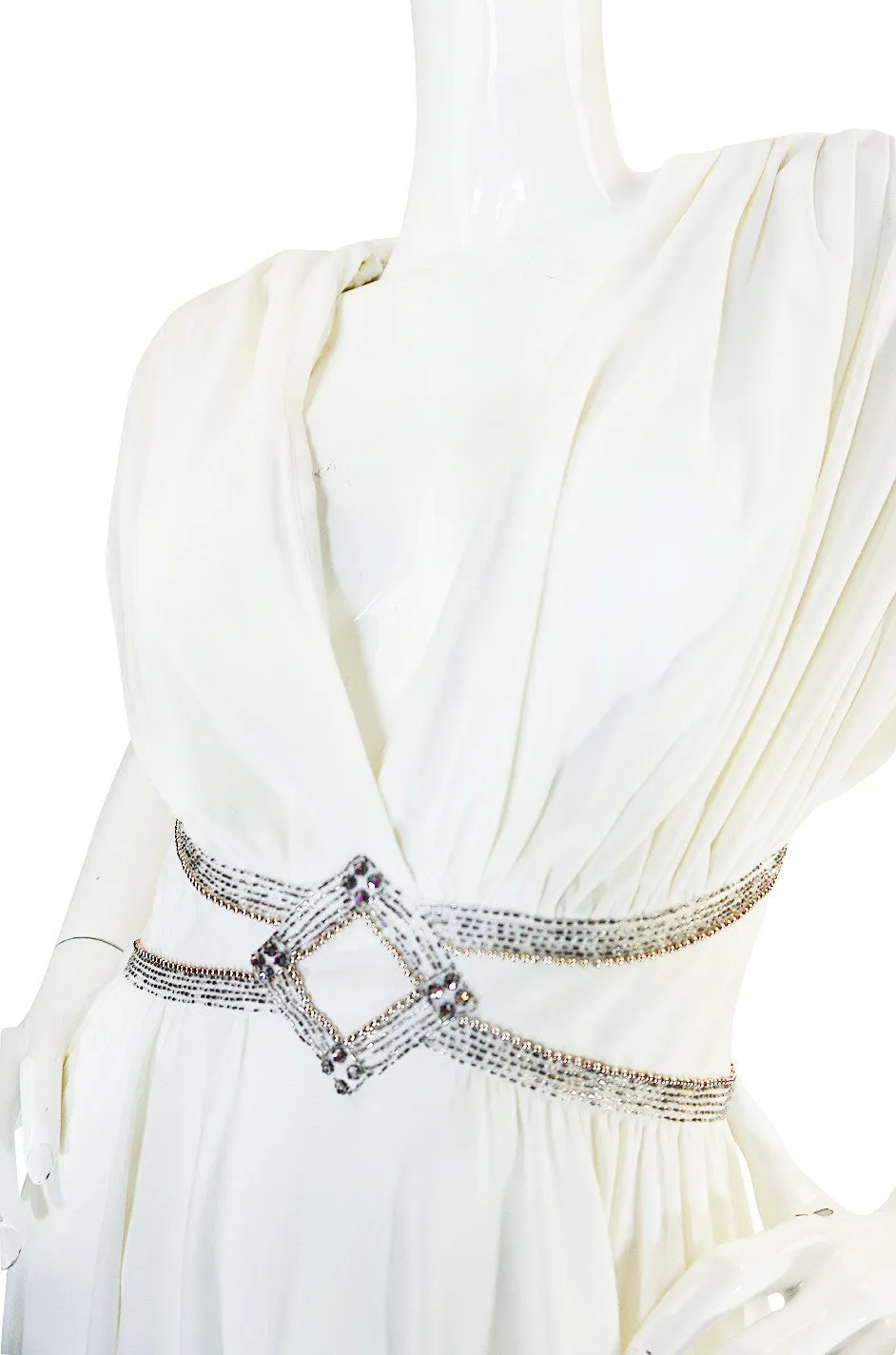 1970s Frank Usher Grecian Draped Beaded Jersey Dress