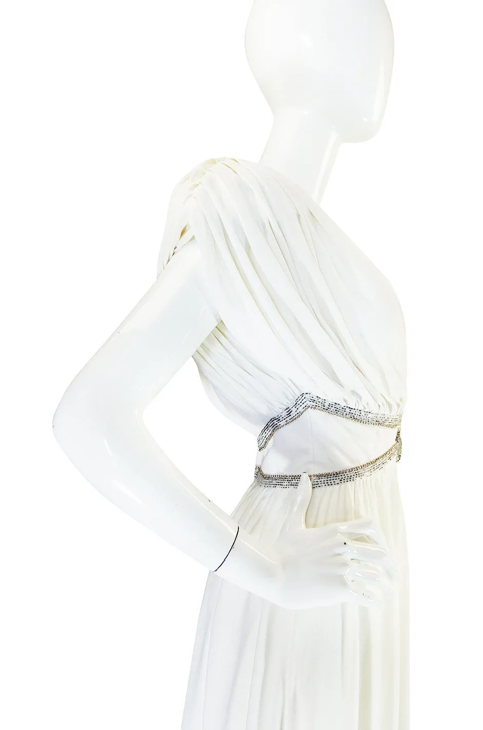 1970s Frank Usher Grecian Draped Beaded Jersey Dress