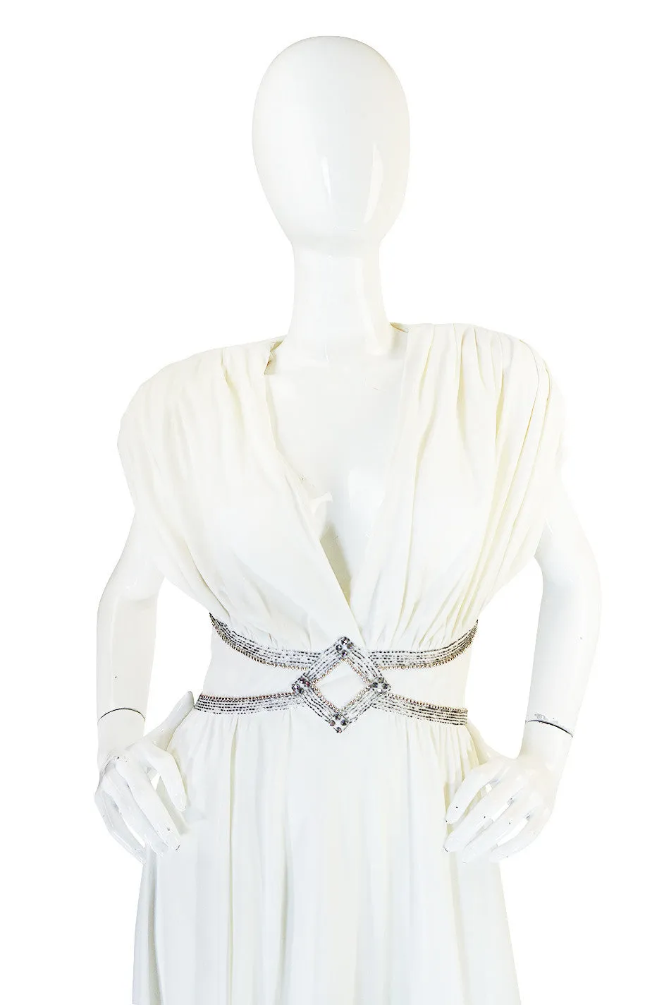 1970s Frank Usher Grecian Draped Beaded Jersey Dress