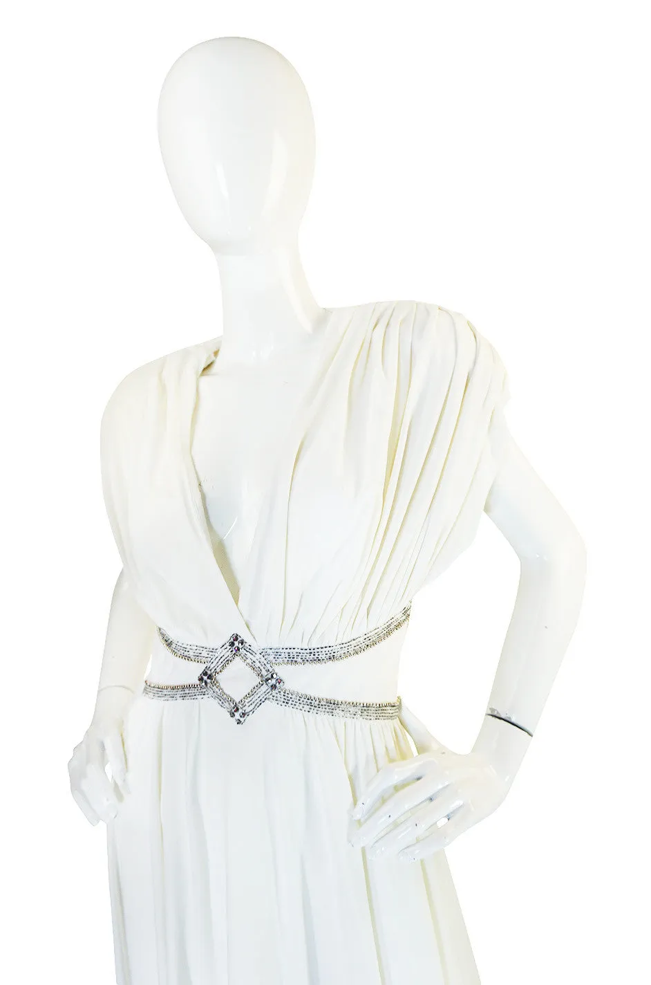 1970s Frank Usher Grecian Draped Beaded Jersey Dress