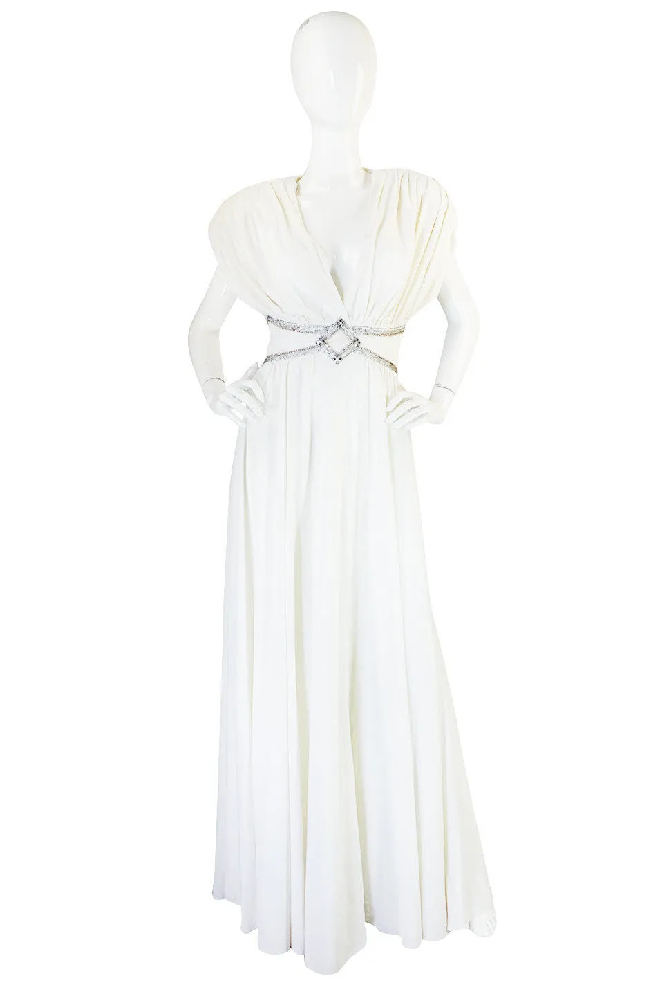1970s Frank Usher Grecian Draped Beaded Jersey Dress