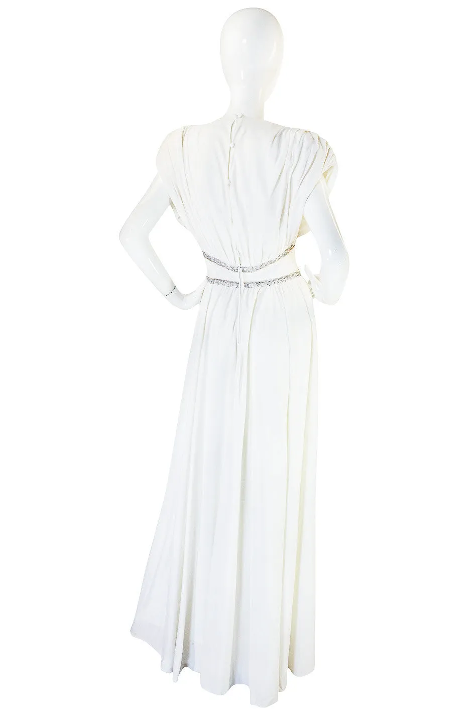 1970s Frank Usher Grecian Draped Beaded Jersey Dress