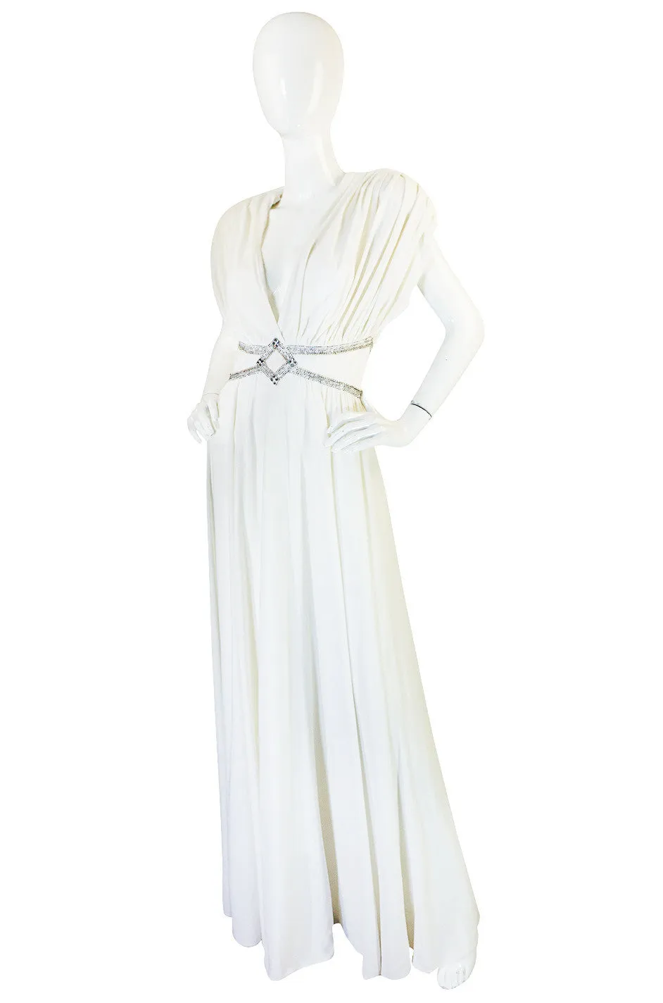 1970s Frank Usher Grecian Draped Beaded Jersey Dress