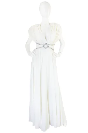 1970s Frank Usher Grecian Draped Beaded Jersey Dress