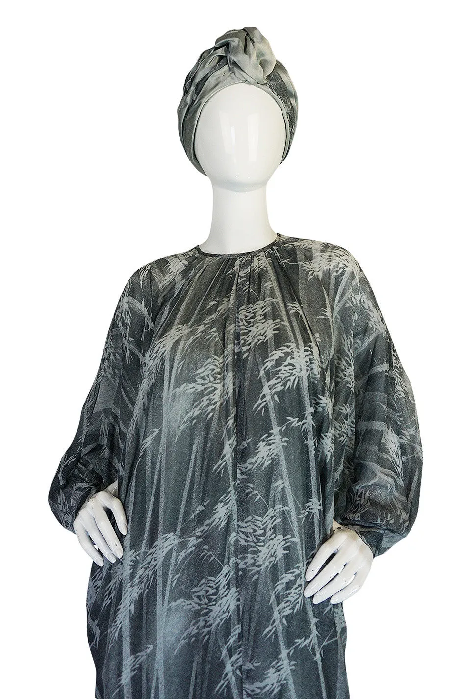 1970s Grey Print Chiffon Yuki Caftan Jersey Dress & Turban