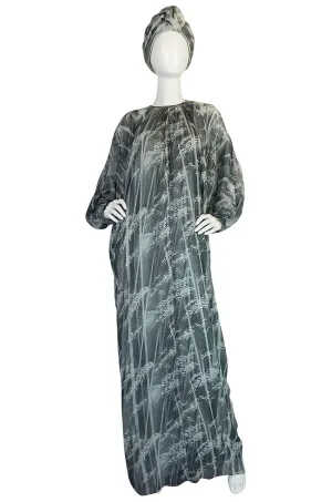 1970s Grey Print Chiffon Yuki Caftan Jersey Dress & Turban