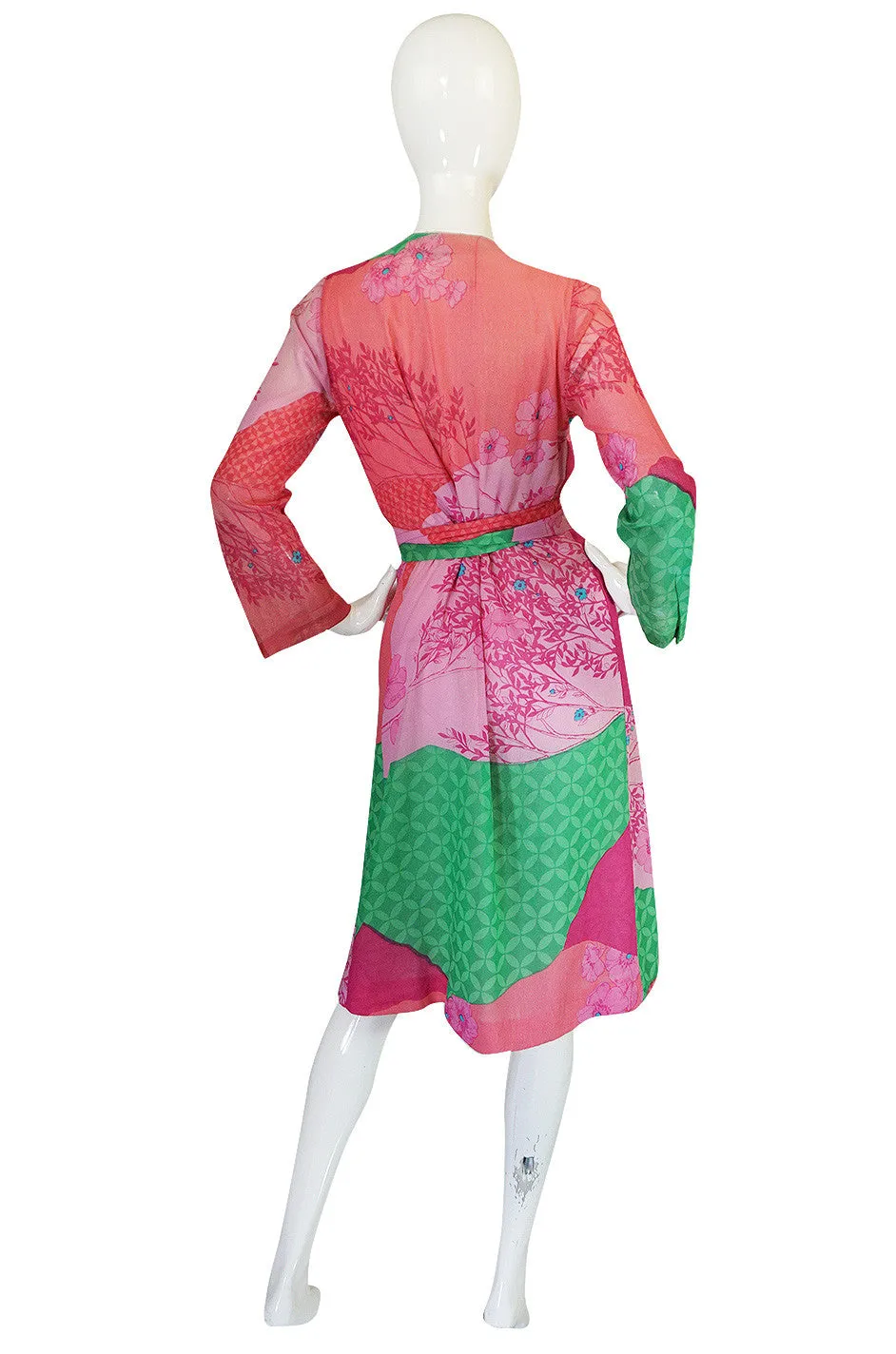 1970s Pink Print Cotton Voile Hanae Mori Wrap Dress