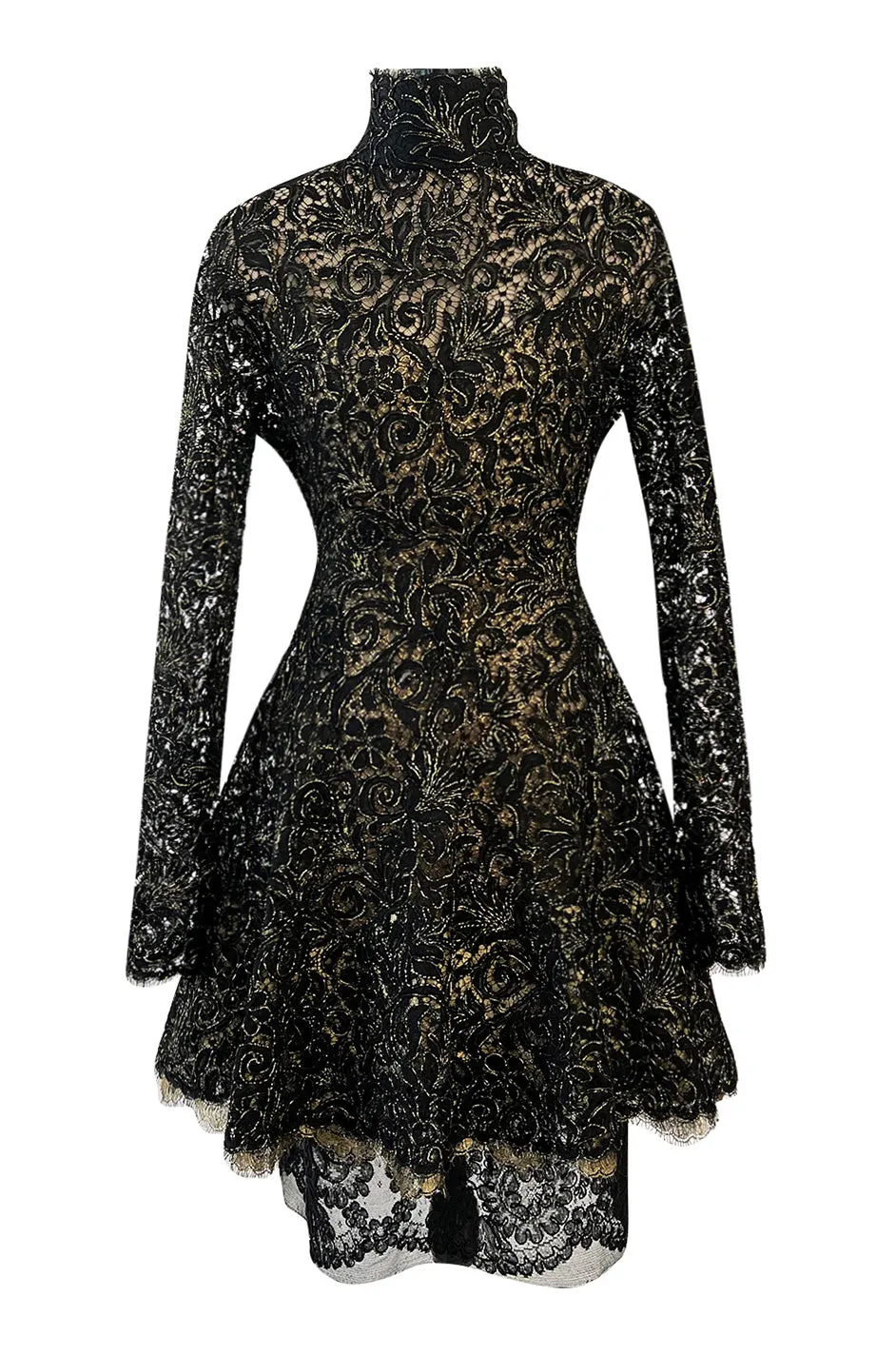 1980s James Galanos Attributed Demi-Couture Black & Metallic Gold Lace Dress Set