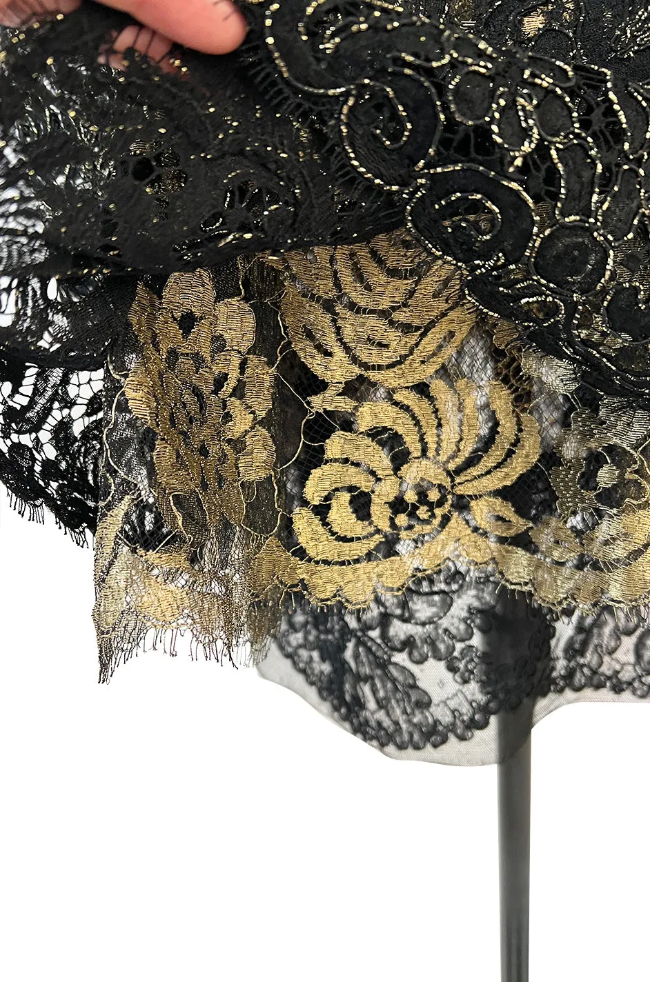 1980s James Galanos Attributed Demi-Couture Black & Metallic Gold Lace Dress Set