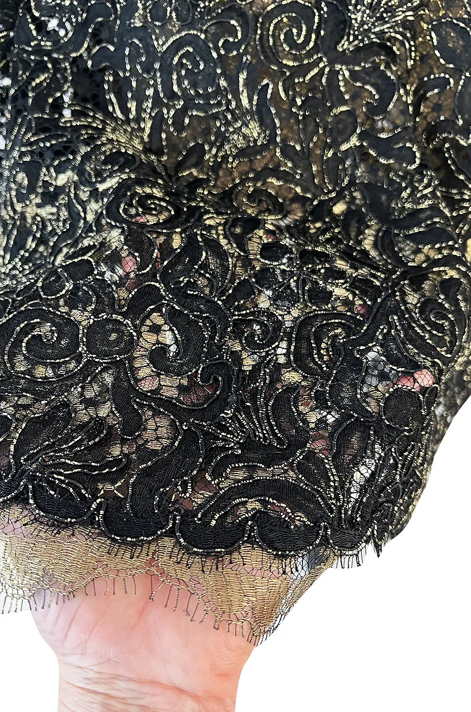 1980s James Galanos Attributed Demi-Couture Black & Metallic Gold Lace Dress Set