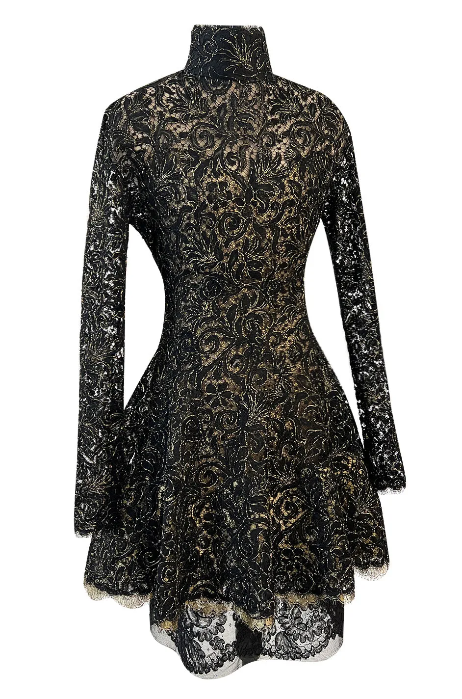 1980s James Galanos Attributed Demi-Couture Black & Metallic Gold Lace Dress Set