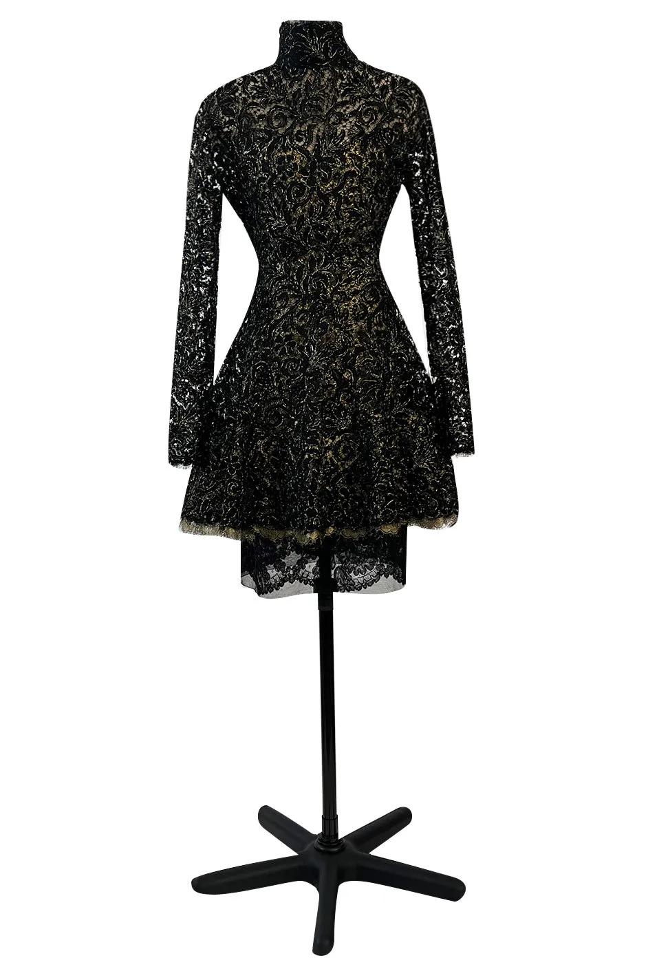 1980s James Galanos Attributed Demi-Couture Black & Metallic Gold Lace Dress Set