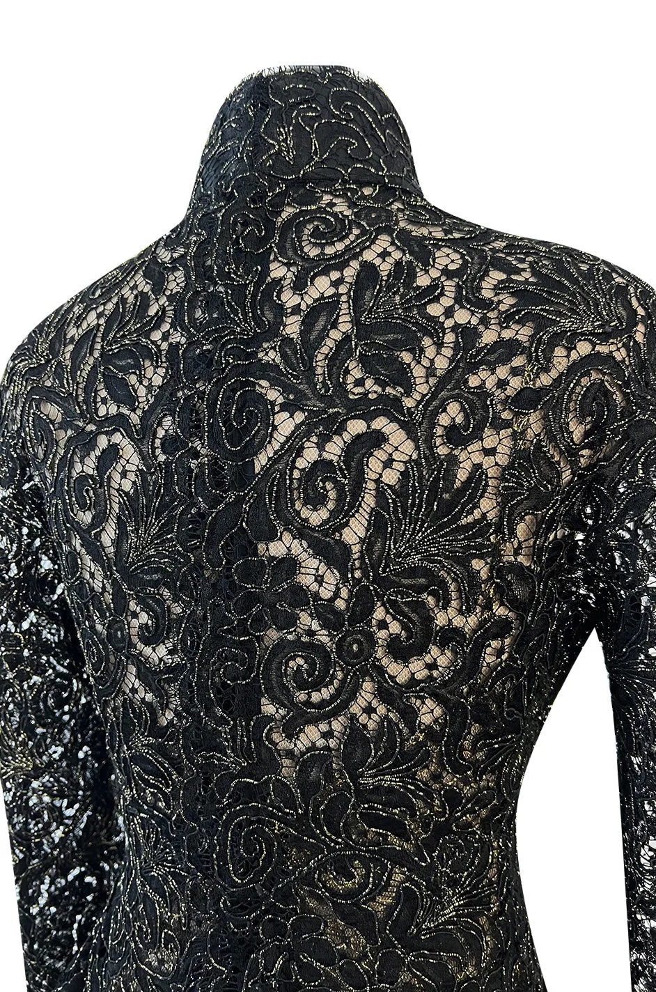 1980s James Galanos Attributed Demi-Couture Black & Metallic Gold Lace Dress Set