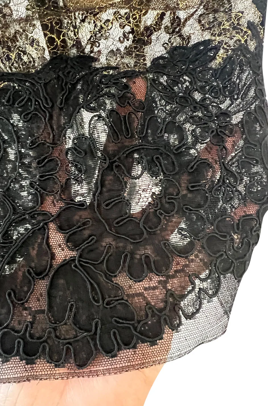 1980s James Galanos Attributed Demi-Couture Black & Metallic Gold Lace Dress Set