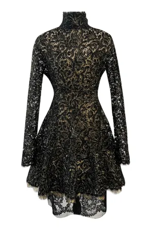 1980s James Galanos Attributed Demi-Couture Black & Metallic Gold Lace Dress Set