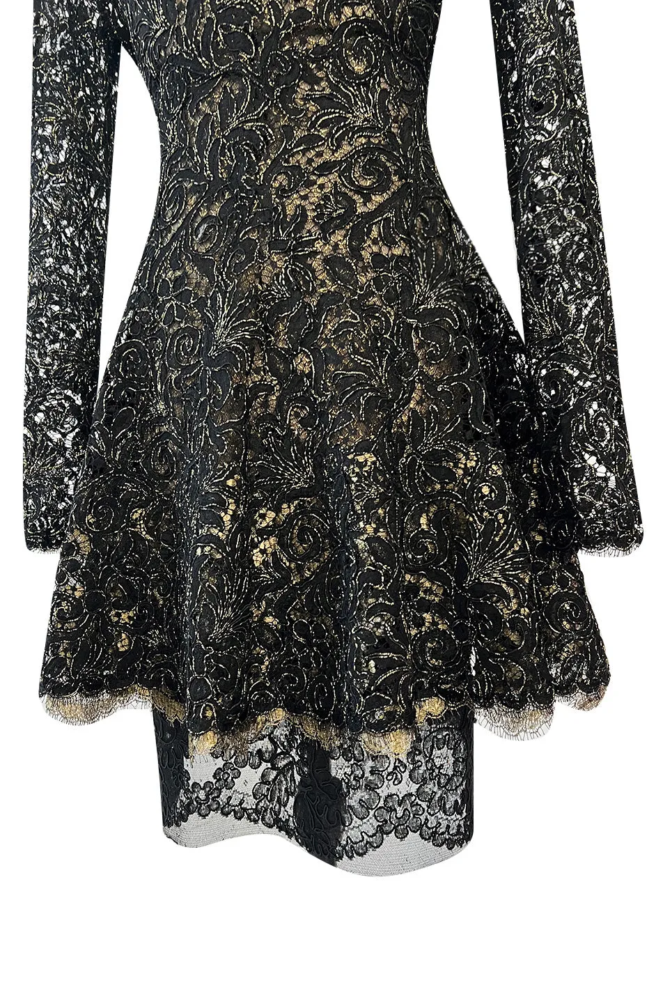 1980s James Galanos Attributed Demi-Couture Black & Metallic Gold Lace Dress Set