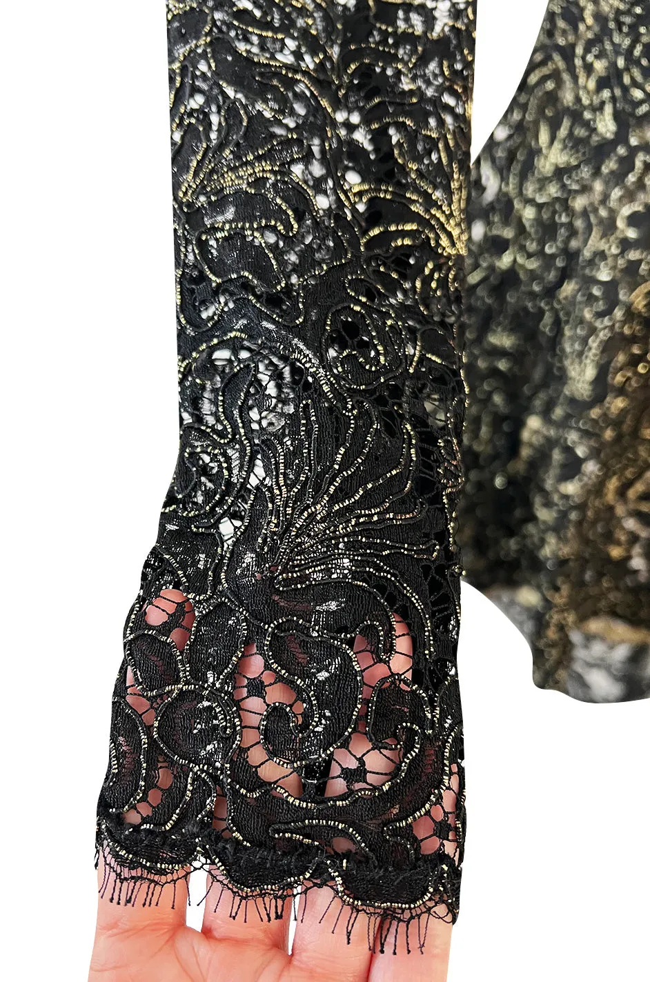 1980s James Galanos Attributed Demi-Couture Black & Metallic Gold Lace Dress Set