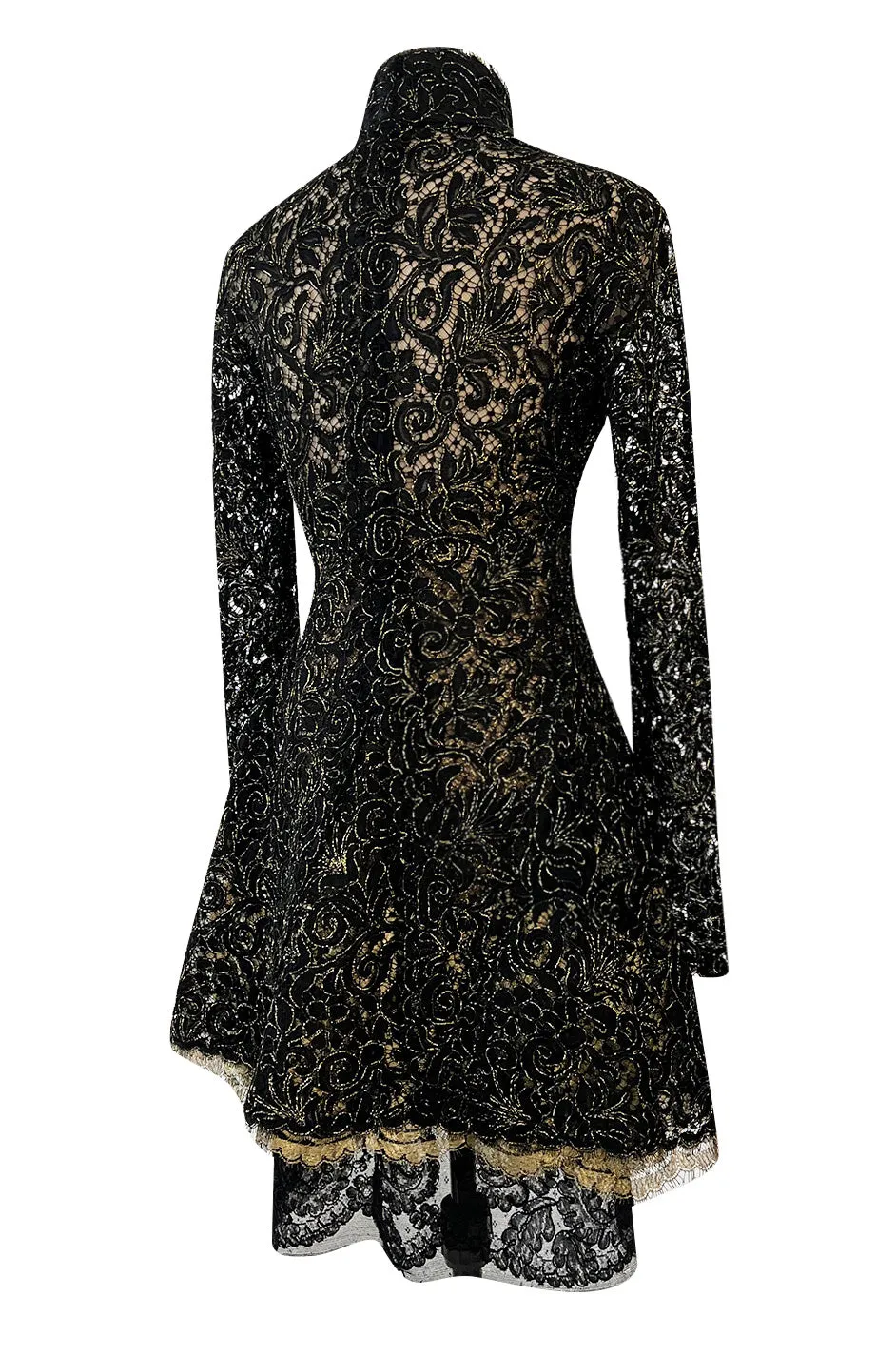 1980s James Galanos Attributed Demi-Couture Black & Metallic Gold Lace Dress Set