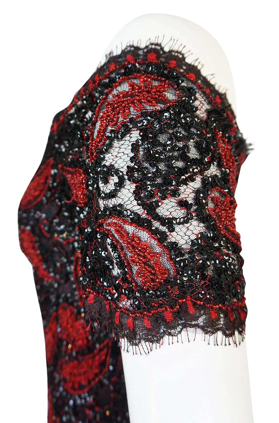 1980s Koos Couture Red Bead & Black Sequin on Silk Net Dress