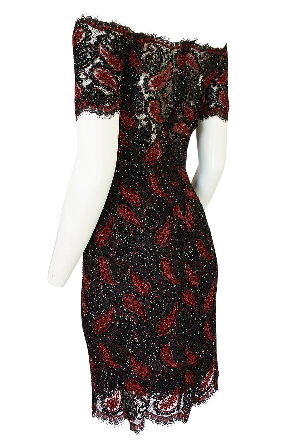 1980s Koos Couture Red Bead & Black Sequin on Silk Net Dress