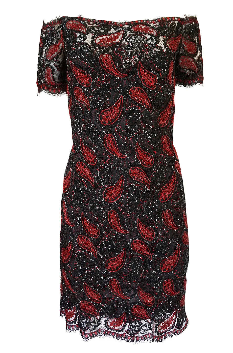 1980s Koos Couture Red Bead & Black Sequin on Silk Net Dress