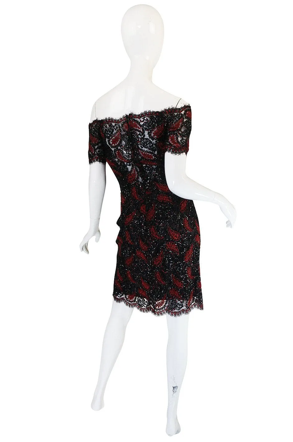 1980s Koos Couture Red Bead & Black Sequin on Silk Net Dress