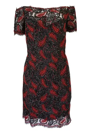 1980s Koos Couture Red Bead & Black Sequin on Silk Net Dress