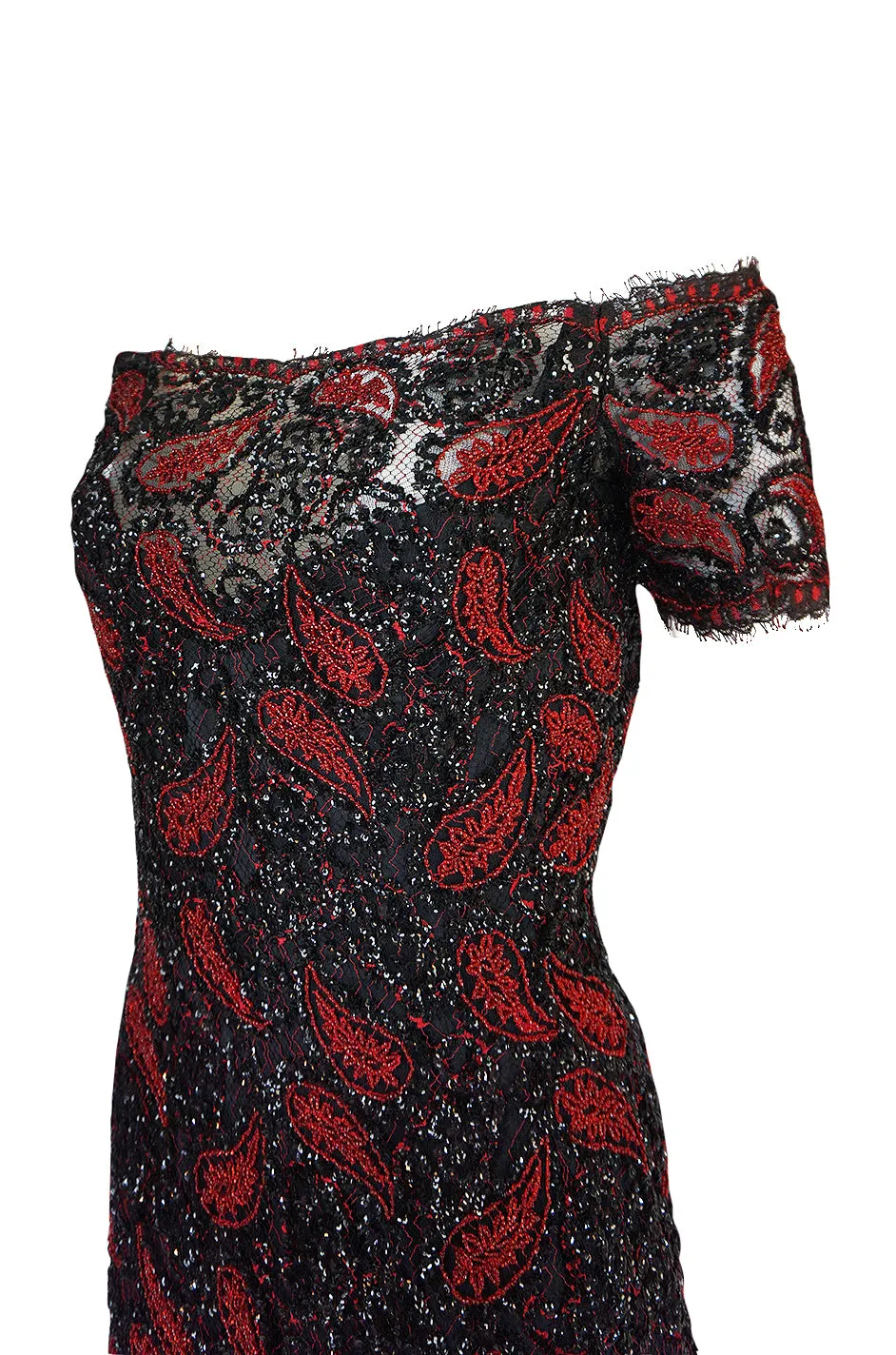 1980s Koos Couture Red Bead & Black Sequin on Silk Net Dress
