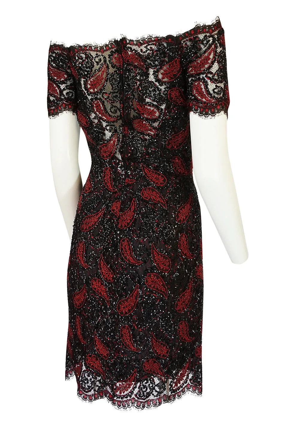 1980s Koos Couture Red Bead & Black Sequin on Silk Net Dress