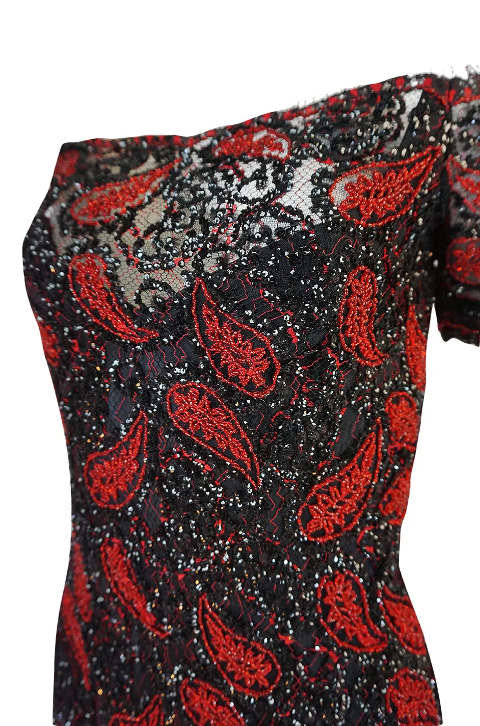 1980s Koos Couture Red Bead & Black Sequin on Silk Net Dress