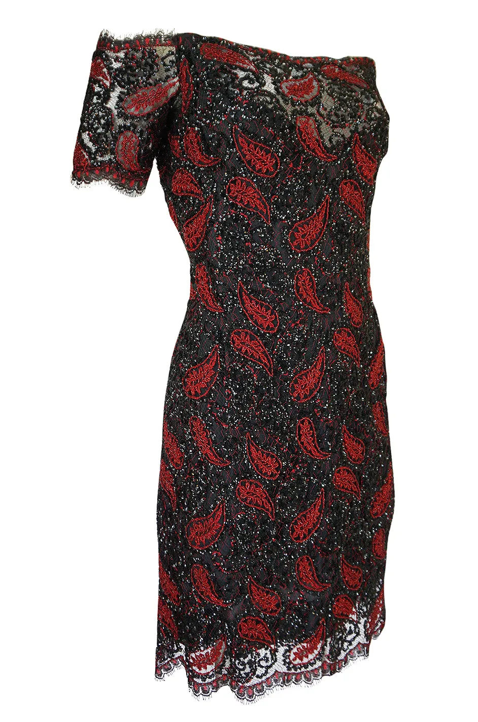 1980s Koos Couture Red Bead & Black Sequin on Silk Net Dress