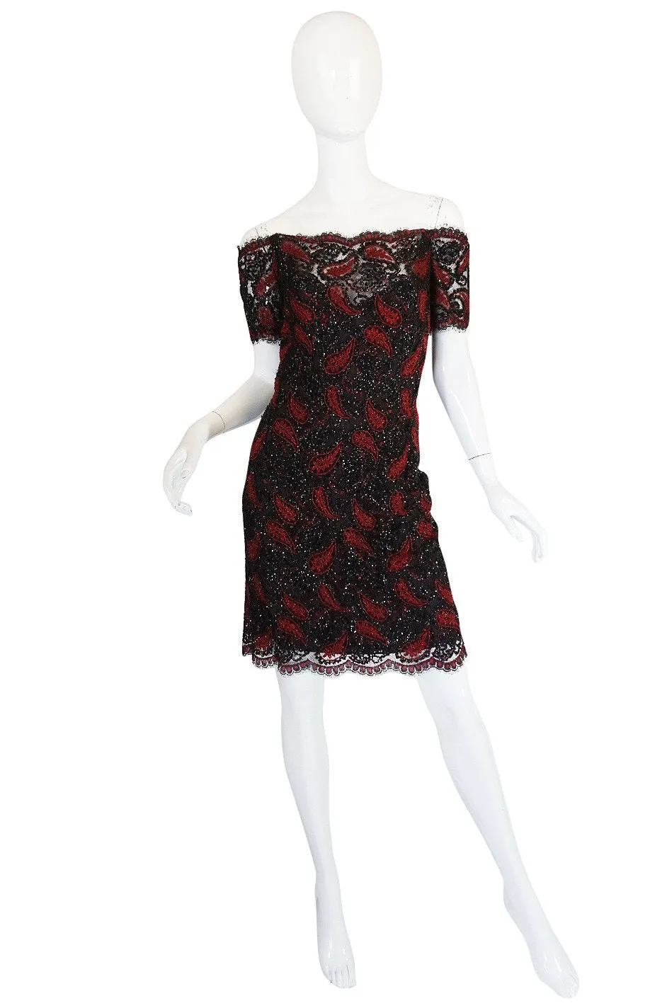 1980s Koos Couture Red Bead & Black Sequin on Silk Net Dress
