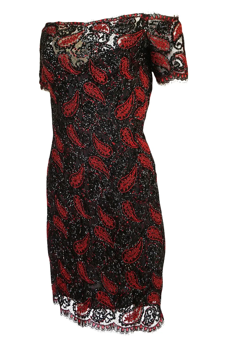 1980s Koos Couture Red Bead & Black Sequin on Silk Net Dress