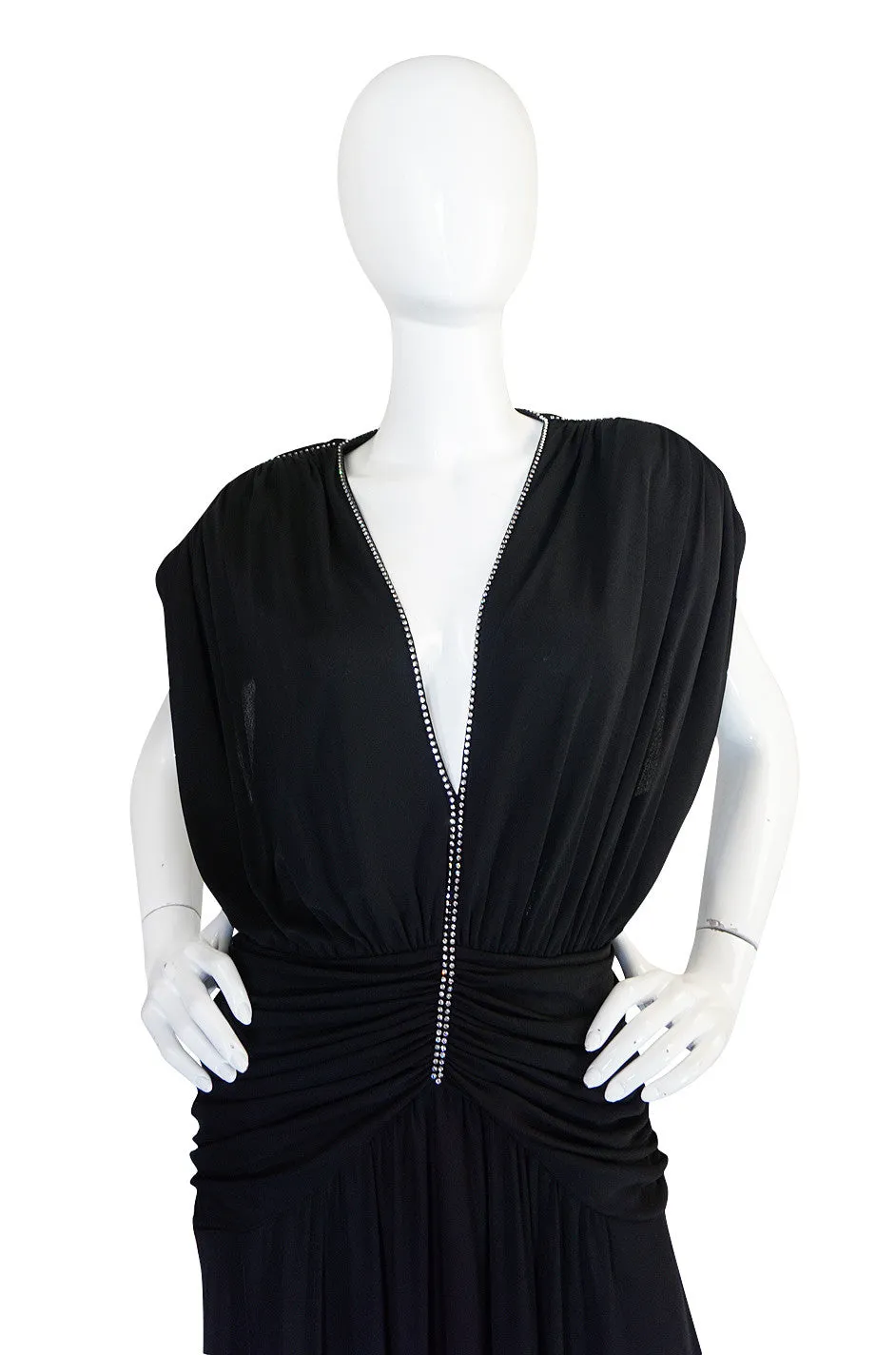 1980s Rhinestone Plunge Jersey Loris Azzaro Dress