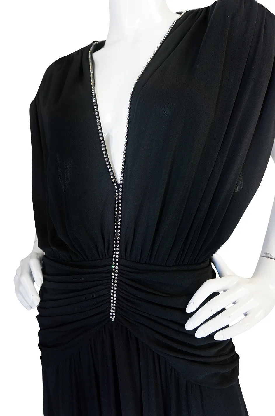 1980s Rhinestone Plunge Jersey Loris Azzaro Dress