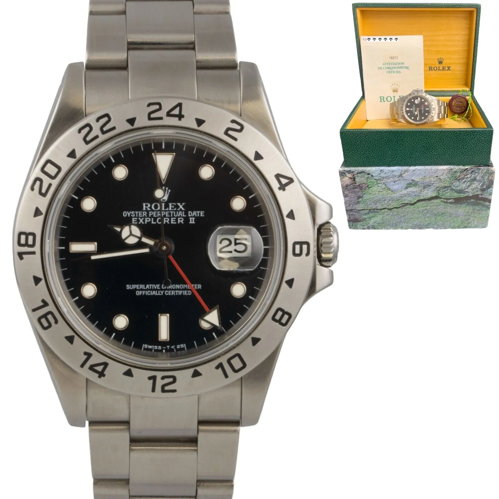 1999 Rolex Explorer II Black Stainless Steel 40mm Watch 16570 BOX   PAPERS