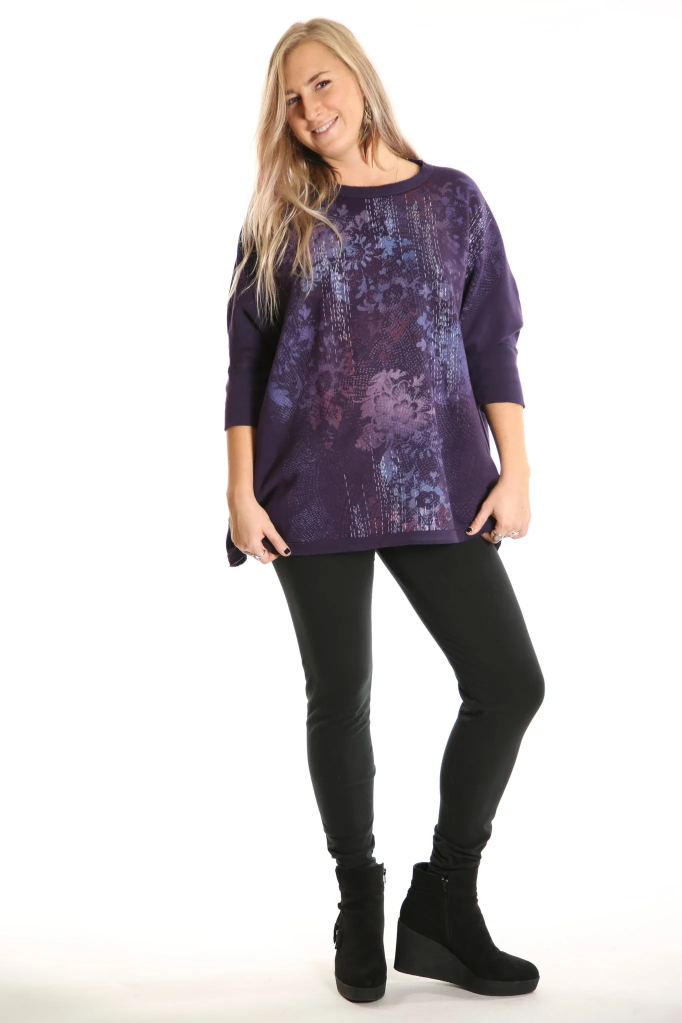 2210  Cozy Fleece Square Sweatshirt Printed Royal Purple Antique Floral
